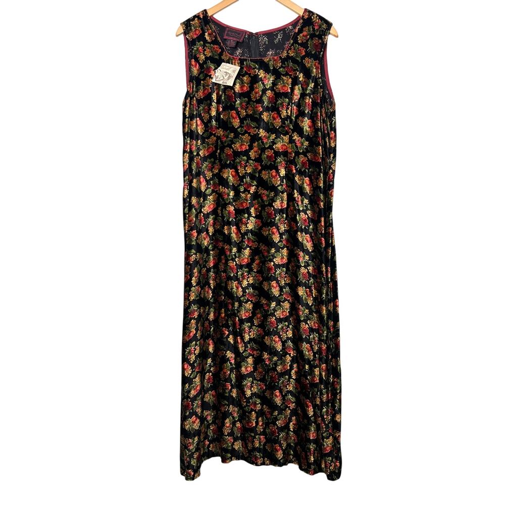 VTG 90s April Cornell Whimsical Maxi Dress Black Velveteen Floral Size Medium